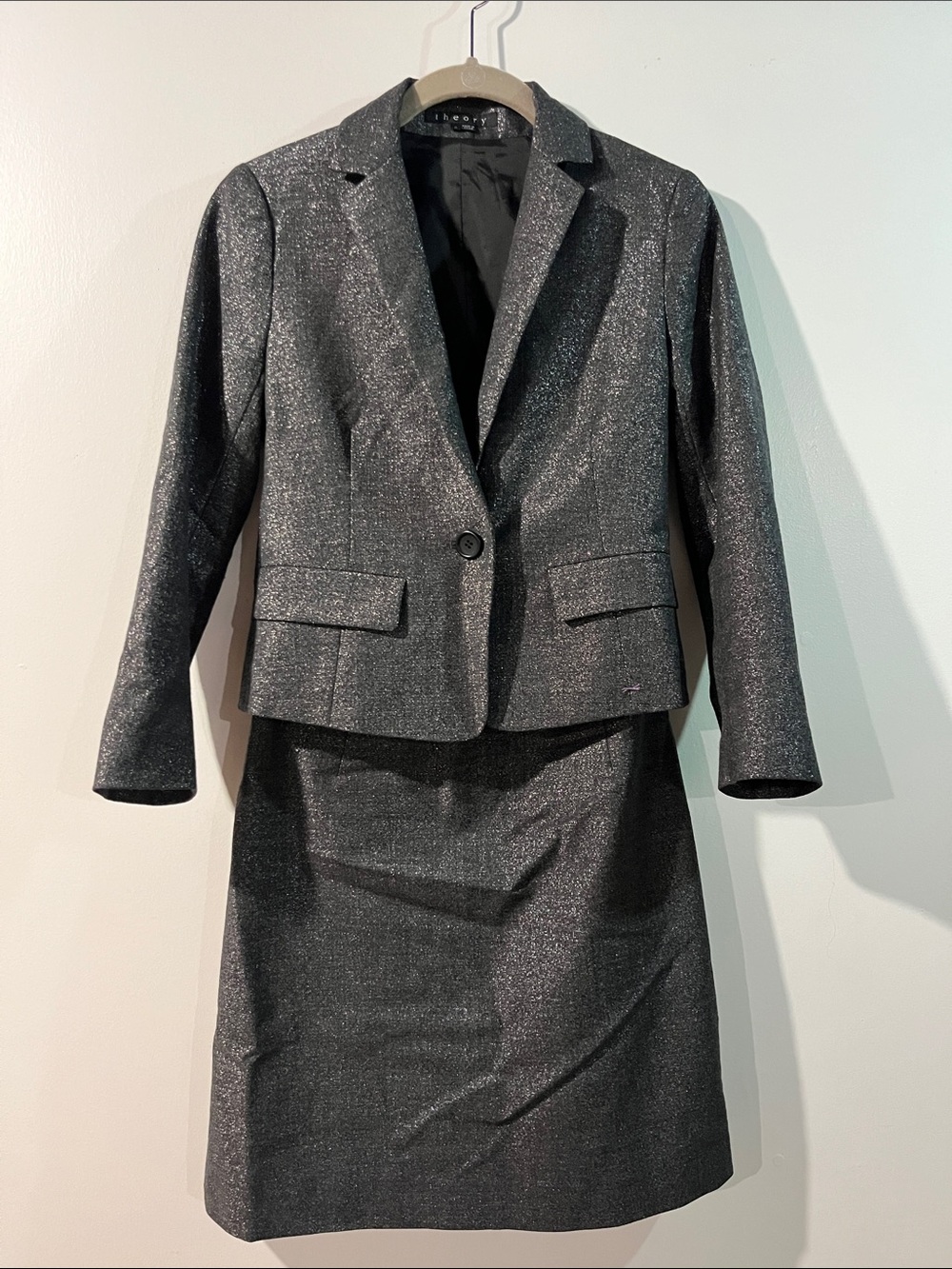 Theory 2 Piece Black Metallic Notch Lapel Blazer with Matching Strapless Dress